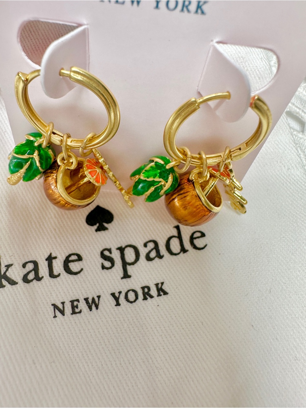 kate spade Aloha Hoop Earrings with Green Leaf & Brown Coconut Charms 🌴🥥🍹